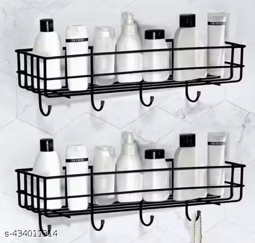 2PCS PACKING Self-Adhesive Multipurpose Bathroom Shelf with Hooks/Towel Holder/Rack/Bathroom Accessories-Wall Mount - Pack of 2 -Black
