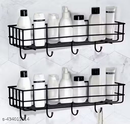 2PCS PACKING Self-Adhesive Multipurpose Bathroom Shelf with Hooks/Towel Holder/Rack/Bathroom Accessories-Wall Mount - Pack of 2 -Black