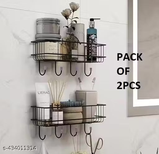 2PCS PACKING Self-Adhesive Multipurpose Bathroom Shelf with Hooks/Towel Holder/Rack/Bathroom Accessories-Wall Mount - Pack of 2 -Black