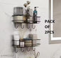 2PCS PACKING Self-Adhesive Multipurpose Bathroom Shelf with Hooks/Towel Holder/Rack/Bathroom Accessories-Wall Mount - Pack of 2 -Black