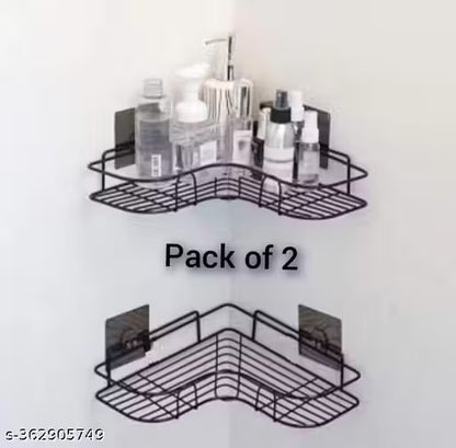 PACKOF 2 Self-Adhesive Metal Kitchen and Bathroom Corner Rack Storage Shelves Shelf Organizer Storage Stainless Steel Wall Shelf Corner-Black Bath Shelves