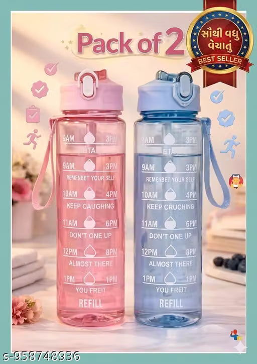 Motivational 900ml Time Marker , Leak Proof , Durable, BPA Free , Non Toxic Sipper Water Bottle for Office , School and Gym Training (Pack of 2- - Multicolor)