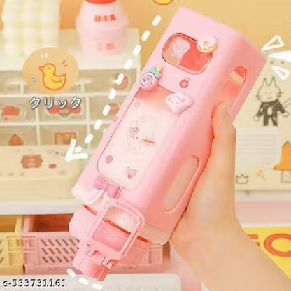 1 Pc Kawaii Water Bottle with Straw and Sticker, Kawaii Bear Water Bottle, Large Sport Plastic Portable Square Drinking Bottle for Girl, Cute Juice Tea Water Cups