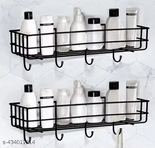 2PCS PACKING Self-Adhesive Multipurpose Bathroom Shelf with Hooks/Towel Holder/Rack/Bathroom Accessories-Wall Mount - Pack of 2 -Black