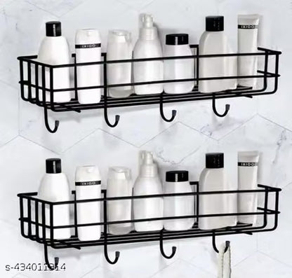2PCS PACKING Self-Adhesive Multipurpose Bathroom Shelf with Hooks/Towel Holder/Rack/Bathroom Accessories-Wall Mount - Pack of 2 -Black