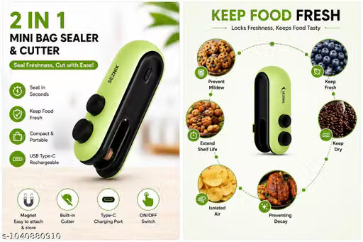 2-in-1 Mini Bag Sealer & Cutter | USB Type-C Rechargeable | Portable Heat Sealer for Plastic Bags | Food Freshness Keeper
