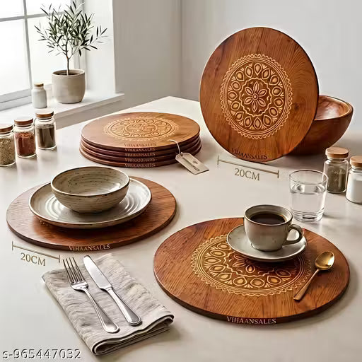 Round Wooden Trivet Set of 4 (20cm) | Heat Resistant Hot Pot Stand | Bamboo Table Mats with Engraved Design | Anti-Slip Dining Table Protector | Wooden Coaster for Kitchen & Cookware